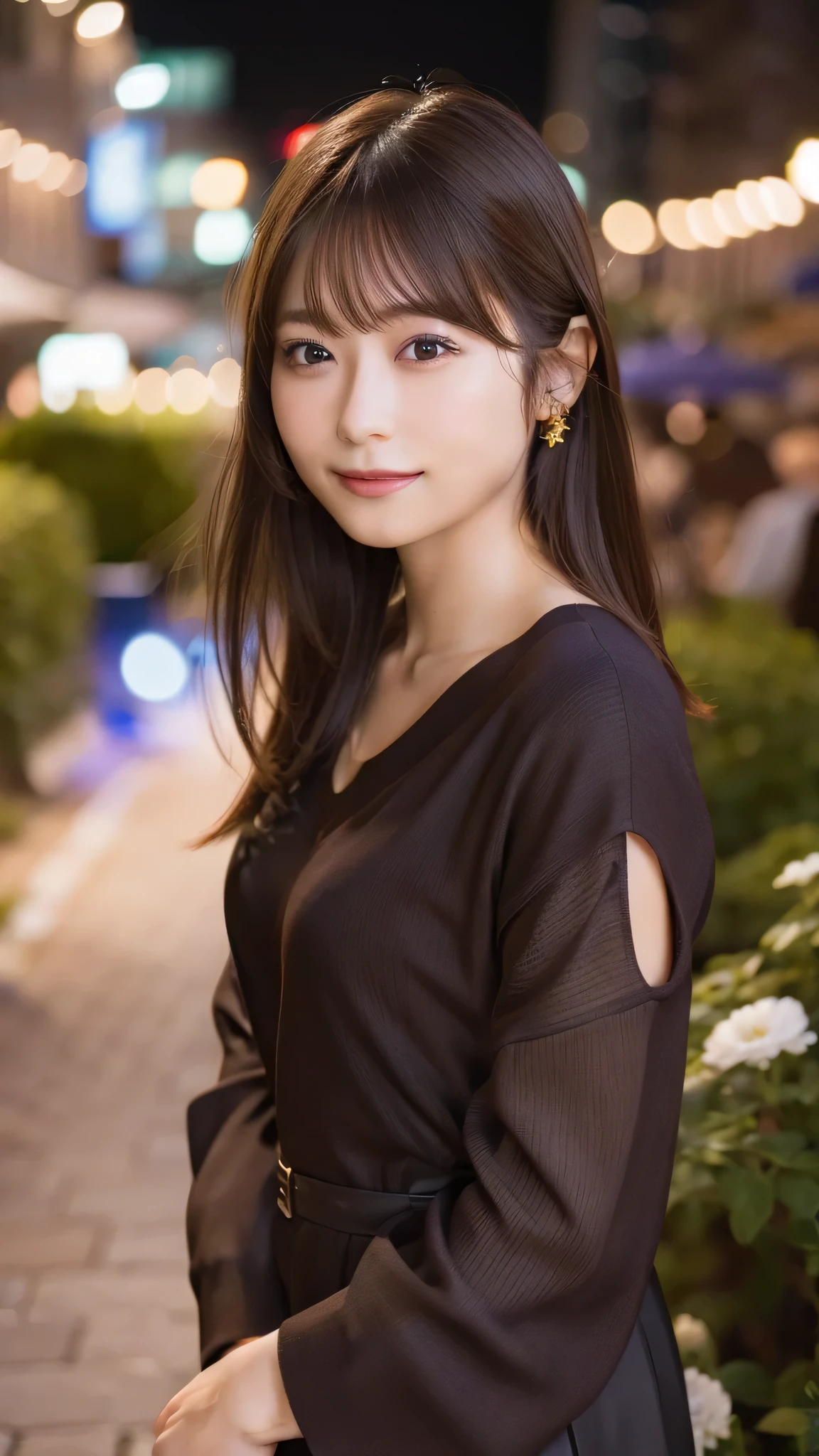 8K,Highest quality, Ultra-high resolution, (Realistic:1.4), RAW Photos, (Upper thigh:1.3, From the side:1.1), (Bokeh:1.4), (Suite Room),Waterside Cafe, 1 Japanese girl, cute, (alone:1.6), (A shy smile), (Dark brown eyes), Smooth Skin, (Brown medium hair,bangs), (Touching your hair:1.4),Nogizaka,garden,Fashionable clothes、Full Body Lesbian、:1.2:1.2