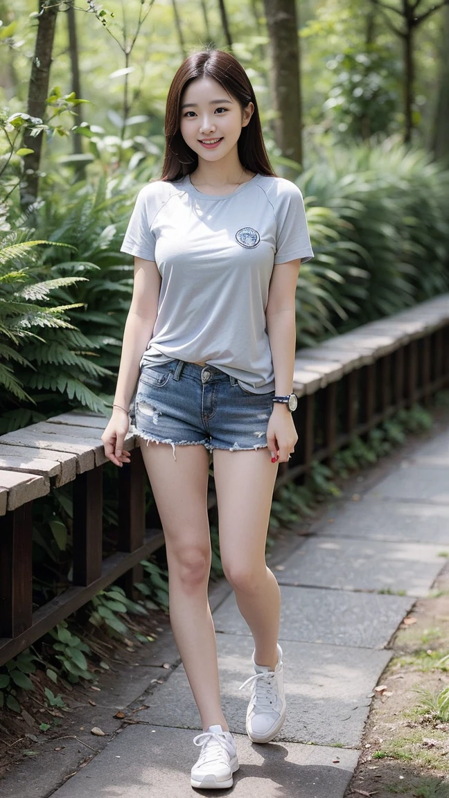 masterpiece, best quality, Surreal, Ultra Detailed, 8k resolution, RAW photos, Clear focus, (A girl in the forest), ((light gray shirt:1.1)),  Short sleeve, sports Shorts,Full body posture, Solitary, Perfect body, Become a, 32 inches in the chest,(a charming smile:1), (sexy pose)，26 years old, light,White shoes