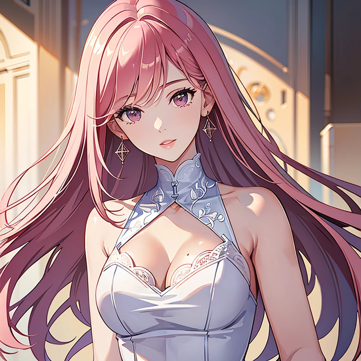 (masterpiece, high quality, best quality, 4k, 8k:1.4), 1girl, solo, pink hair, brown eyes, double-parted bangs, long hair, (mature female, mature:1.2), mole under eye, earrings, strap white and red dress, detailed face, beautiful detailed eyes, beautiful detailed lips, extremely detailed face, long eyelashes, intricate details, soft lighting, soft color pallette, perfect anatomy