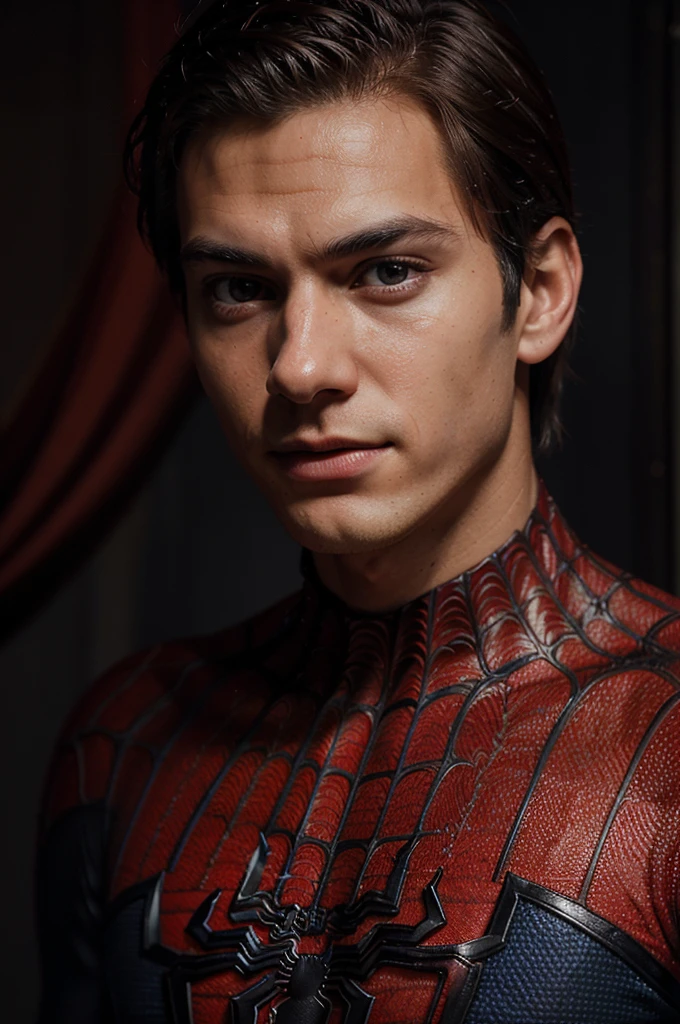 A photograph of spider man, no mask, 20 yo, handsome, detailed face, looking at camera, portrait, 8k uhd, high quality