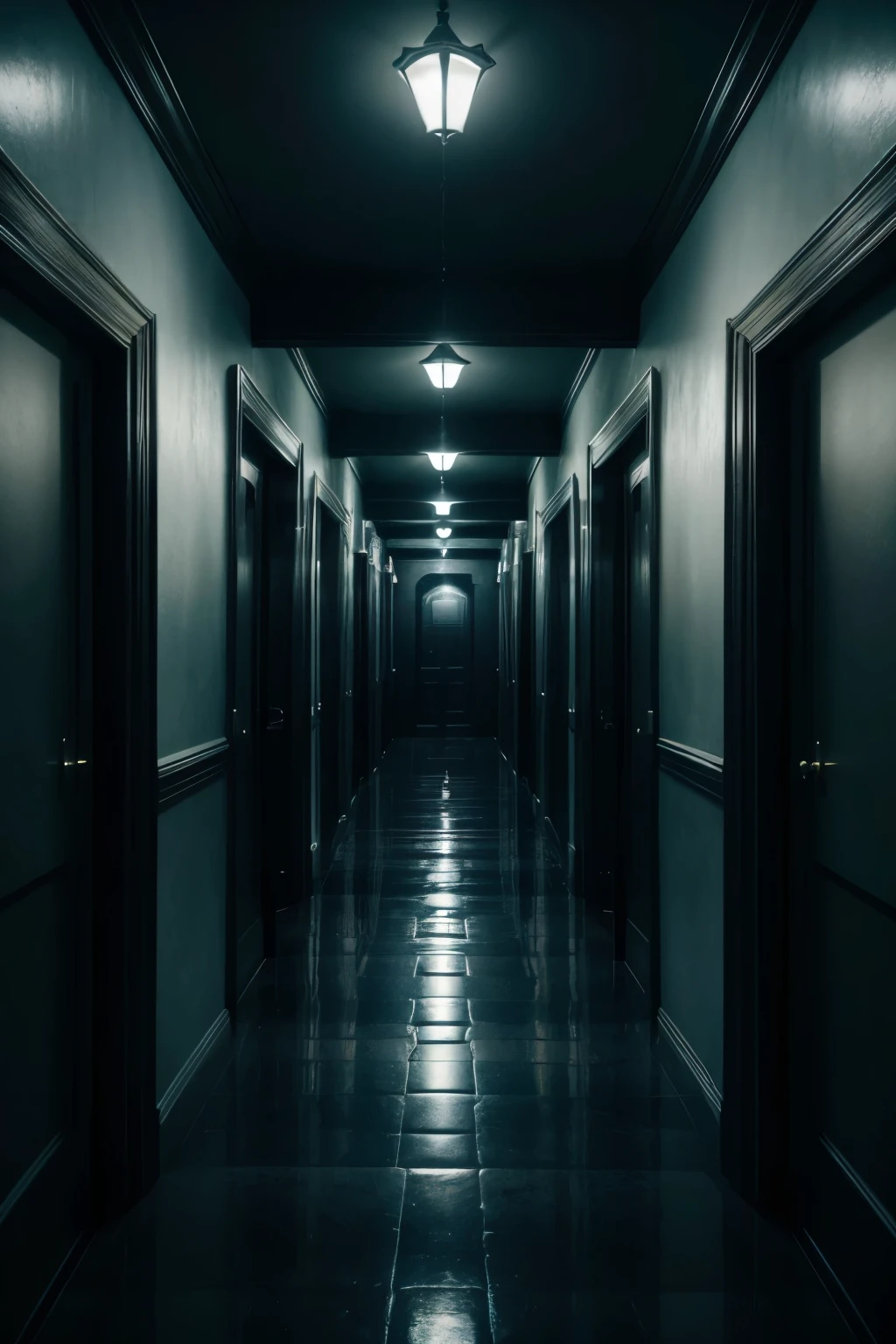 create an image that represents a man in a dark corridor, with shades of deep black and mysterious blue, walking towards several doors. The environment should evoke a sense of mystery and crucial choices.