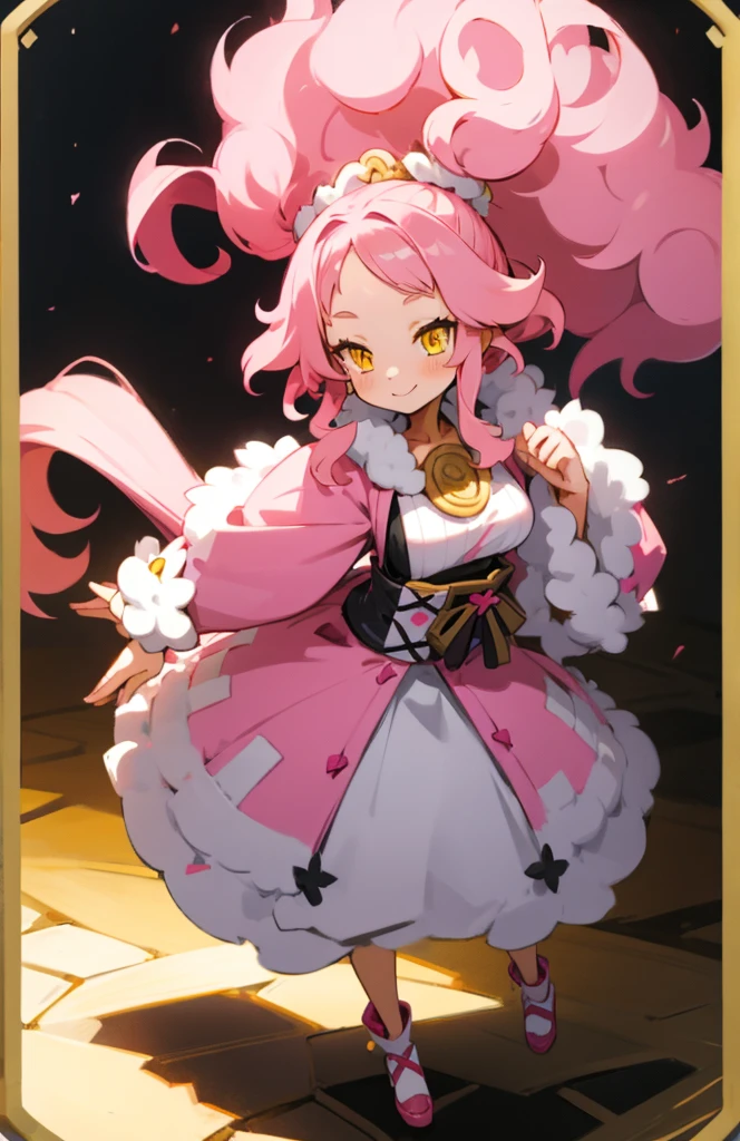 High detailed, 1 girl, wavy hairstyle, dark-pink hair, detailed eyes, yellow eyes, busty buson, chunky, villager clothes, fluffy skirt, fluffy boots, smiling, Full body