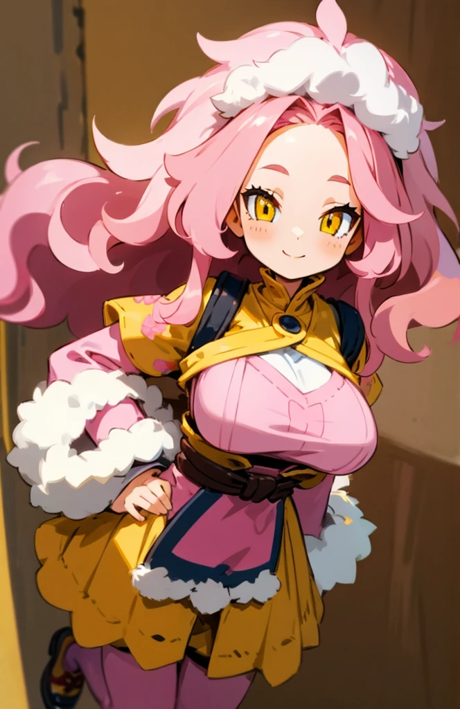 High detailed, 1 girl, wavy hairstyle, dark-pink hair, detailed eyes, yellow eyes, busty buson, chunky, villager clothes, fluffy skirt, fluffy boots, smiling, Full body