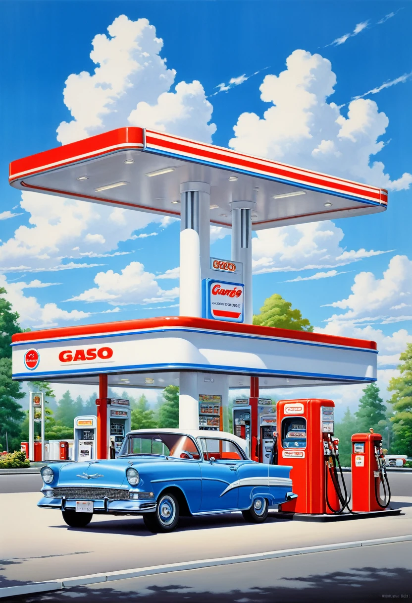 A summer gas station drawn by Seizo Watase, with a blue sky with white clouds, light colors, a classic car and a gas clerk.