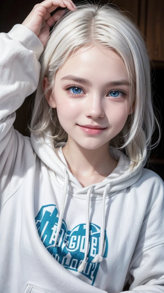 female teenager with white hair, white skin and blue eyes with brown sweatshirt smiling