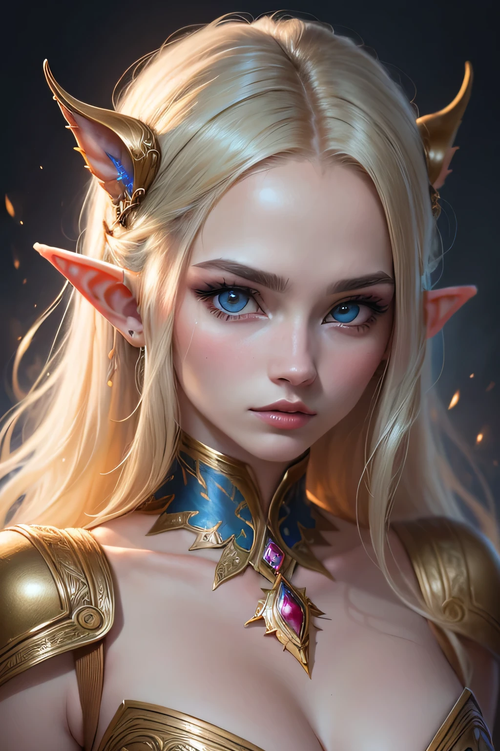 ((melhor qualidade)), ((Obra de arte)), (detalhado), ((best qualityer)), ((work of art)), (detailded), 8K, 4K, hight contrast, work of art,(best qualityer, 4K, high resolution, work of art:1.2), ultra-detailded, realisitic, Radiant lighting,1 female elf ,she elf , portraits, fantastic colors, fine arts, ethereal being, dream like, whimsical creatures, detailed facial features, glare eyes, Elven beautie, ethereal glow, Mythical creatures, harmonious composition, stunning colors, impressive visual effects, Supernatural Appearance, Mesmerizing art
