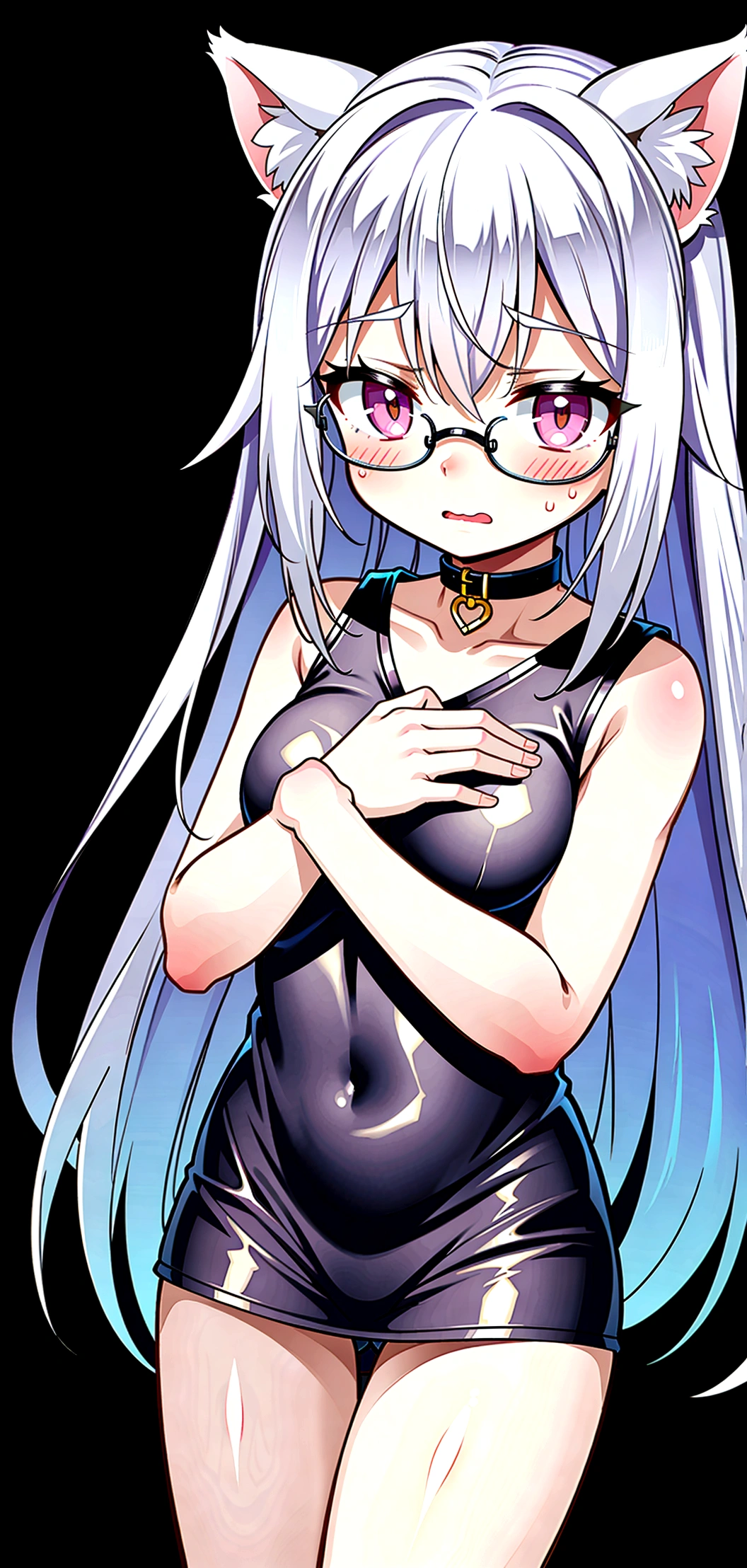 that has a fearful face, white hair, cat ears, yellow glasses and transparent super blushing pink eyes that has a towel around it and is in spaghetti and has a cat tail that is a super fearful girl