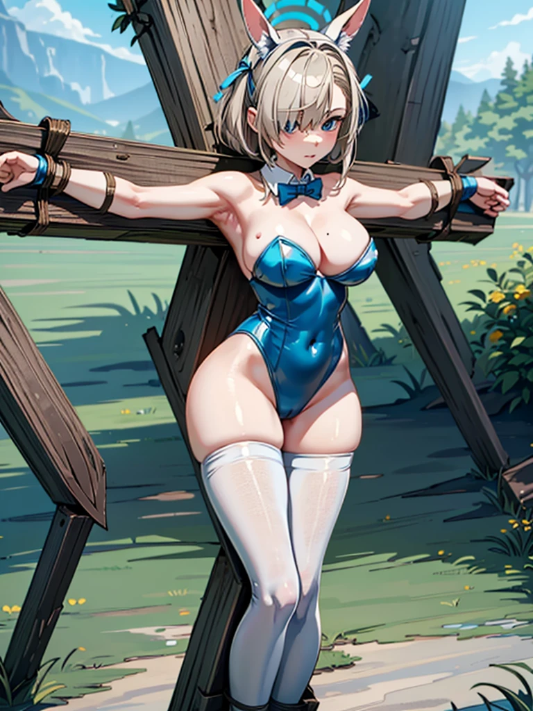 (flabbergasted), asuna ba, looking at viewer, large breasts, ribbon, long hair, light brown hair, , ass visible through thighs, hair over one eye, strapless, blue bowtie, black pantyhose,playboy bunny, gloves,animal ears, mole, covered navel, fake animal ears, mole on breast, white gloves,highleg leotard,strapless leotard, bare shoulders, pantyhose, traditional bowtie, rabbit ears,detached collar, bowtie, thighband pantyhose, blue leotard, blue bow, cleavage,high-heels,blue high-heels , halo, solo, blue eyes, 1girl, panties,white background,simple background, show off nipple,REGULAR CROSS HARITSUKE, WOOD CROSS, V LEGS, FOLDED, WRISTS TO ANKLES, BOUND WRISTS, BOUND ANKLES, girl in crucified,full body,