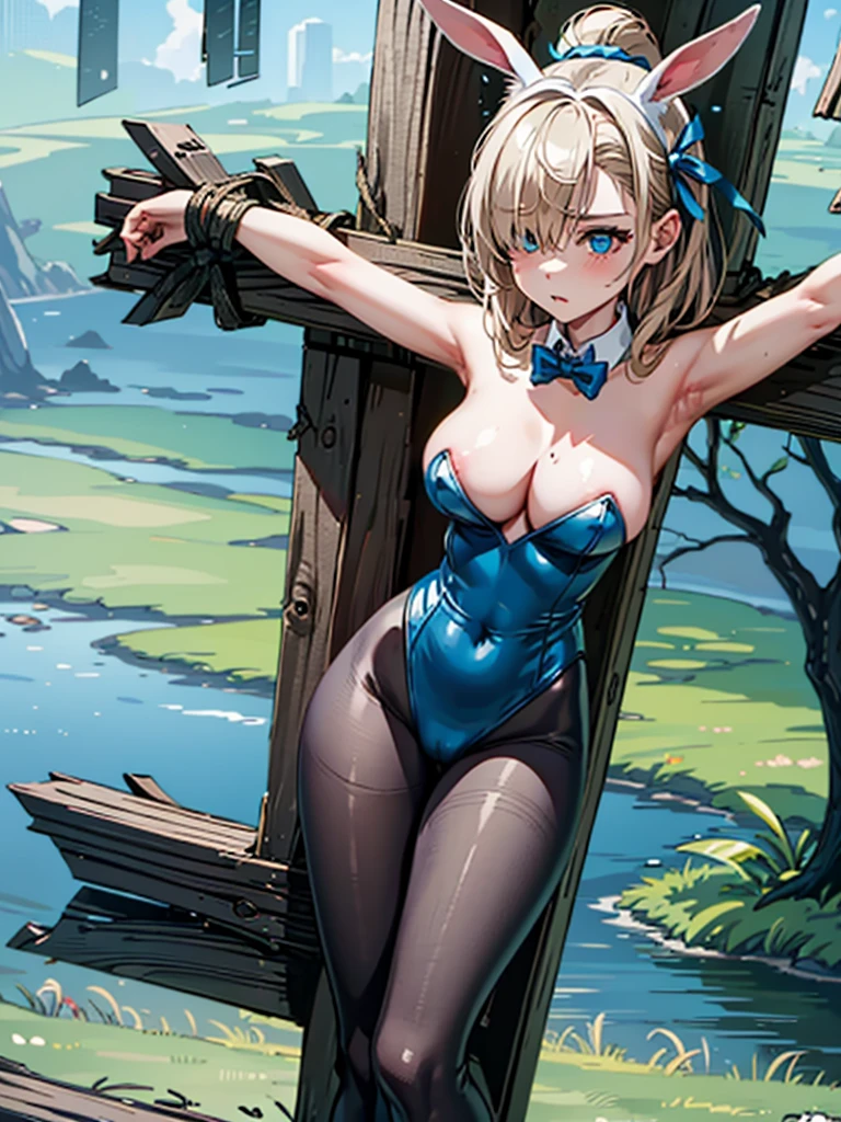 (flabbergasted),　asuna ba, looking at viewer, large breasts, ribbon, long hair, light brown hair, ,  ass visible through thighs, hair over one eye,  strapless, blue bowtie, black pantyhose,playboy bunny, gloves,animal ears, mole, covered navel, fake animal ears, mole on breast, white gloves,highleg leotard,strapless leotard, bare shoulders, pantyhose, traditional bowtie, rabbit ears,detached collar, bowtie, thighband pantyhose, blue leotard, blue bow, cleavage,high-heels,blue high-heels ,  halo, solo, blue eyes, 1girl, panties,white background,simple background, show off nipple,REGULAR CROSS HARITSUKE, WOOD CROSS,  V LEGS, FOLDED, WRISTS TO ANKLES, BOUND WRISTS, BOUND ANKLES, girl in crucified,full body,