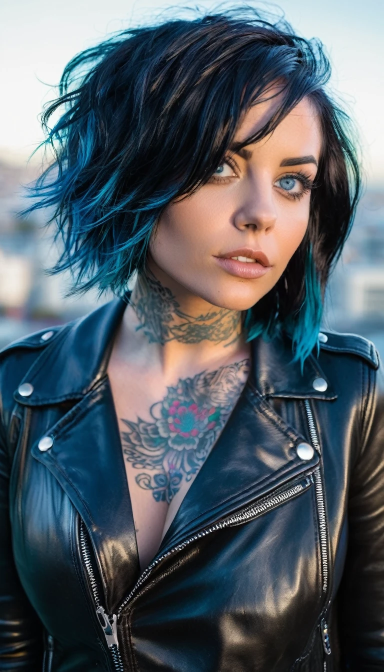 Beautiful 25 year old woman, full body naked, Bblack hair, Bob Cut, blue colored eyes, visual muscle, Messy hair, tattooed neck, leather jacket, San Francisco in the background, Kink, malignant aura, natta, Kink.