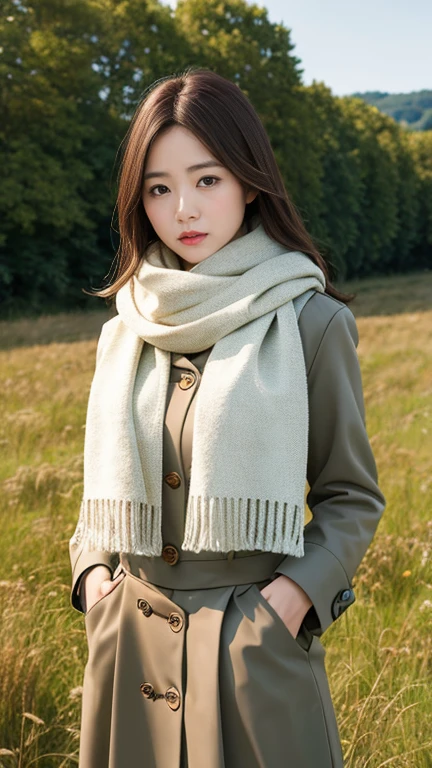 8K, Highest quality, masterpiece, Realistic, Super detailed, photo Realistic, Improvement of quality, Photo of a girl standing in a field wearing a scarf, The designer&#39;s dark and gloomy style, Large chunk, Photobash, Calm face, Jagged Edges, navy, Natural Beauty, Close-up shot