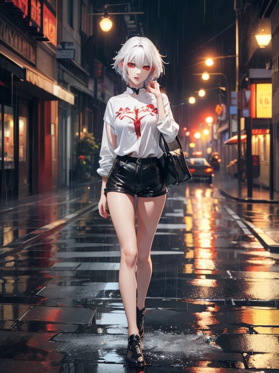 A female eye, Bright Eyes, Red Eyes, White hair with red tips, Long messy short hair, Wear a white shirt, Black shorts, Lipstick, shadow, Full body tattoos, beautiful girl, ( Perfect body beauty: 1.4, Facial symmetry,Five senses, Leather texture, masterpiece, best quality, light, Textured Skin, Anatomically correct, High Detail, realism, high resolution, 8k wallpaper unit, Depth of Field, street, rain, Wet: 1.2, splashes of water in the street.