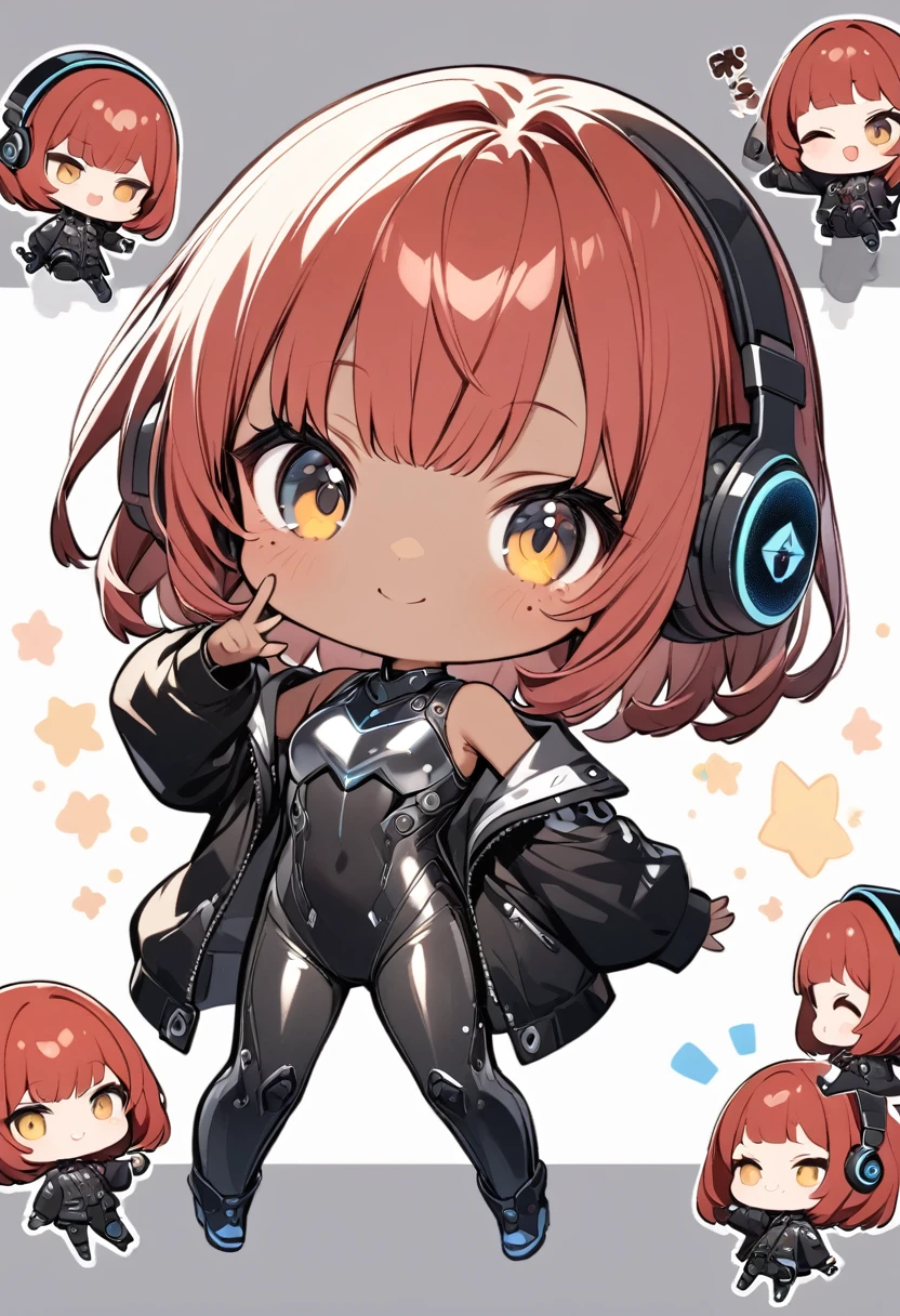 full body,1 girl,(cute:1.3),red Hair, left eye blue, right eye yellow, tan skin, freckles,{White breastplate, Black futuristic headphones, Mechanical black glossy metallic Bodysuit, Bare shoulders, oversized jacket, Glossy, shiny material,chibi emote, chibi character, cute pose, inverted peace sign