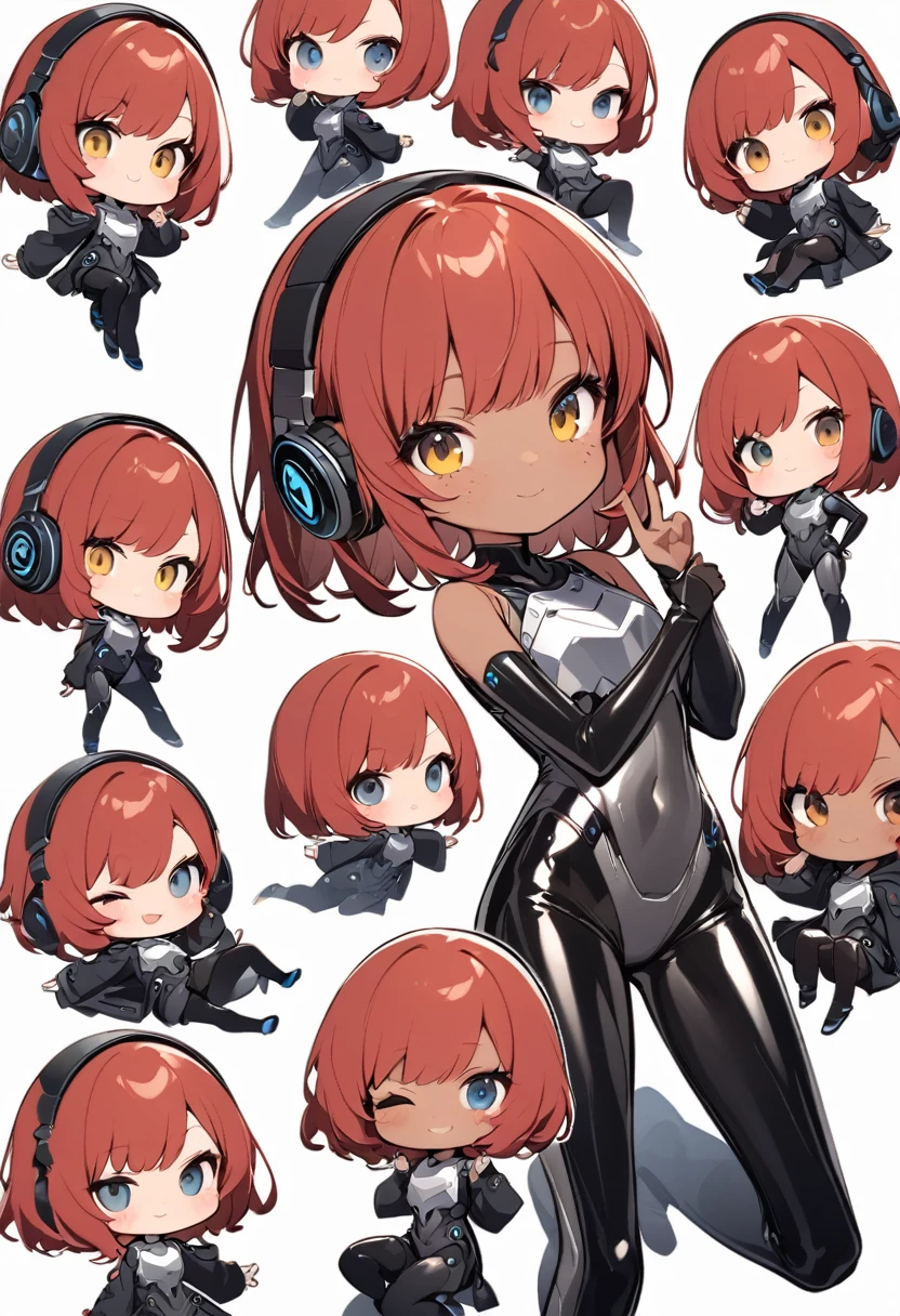 full body,1 girl,(cute:1.3),red Hair, left eye blue, right eye yellow, tan skin, freckles,｛White breastplate, Black futuristic headphones, Mechanical black glossy metallic Bodysuit, Bare shoulders, oversized jacket, Glossy, shiny material,chibi emote, chibi character, cute pose, inverted peace sign
