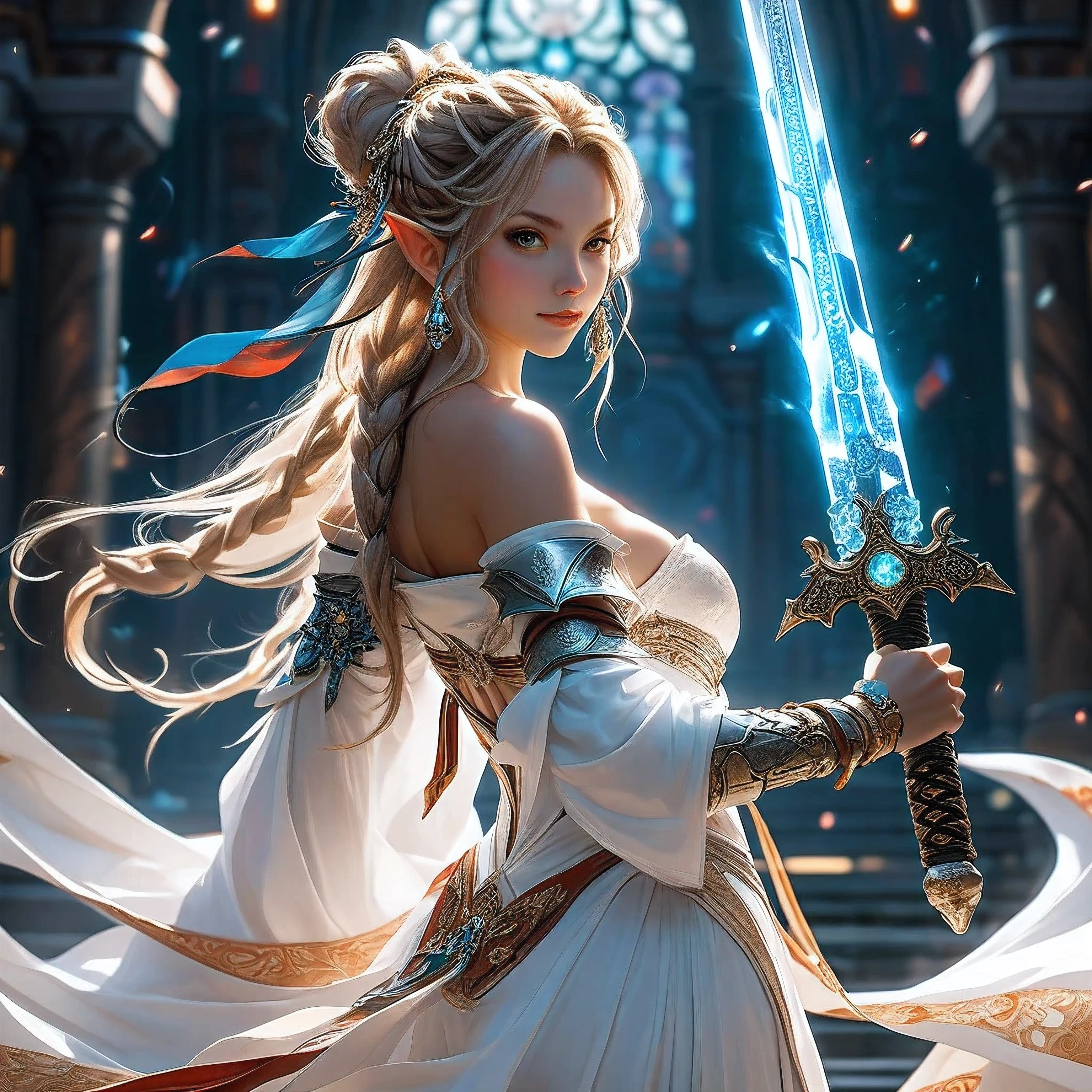 (((Overhead View:1.5))),full body, telephoto lens, abstract background, masterpiece, best quality, official art, extremely detailed CG unity 8k wallpaper, highly detailed, female, elf, hair over shoulder, dreadlocks, ribbon, bracelet, drop earrings, jewelry, wedding dress, holding (((((glowing greatsword)))), theater, stain glass, genshin impact, illustration, ((art nouveau)),(Posing dynamic action:1.4),Slashing action，Wield a giant sword，Unparalleled momentum