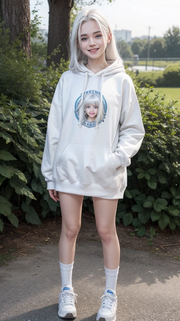 female ager with white hair, white skin and blue eyes with brown sweatshirt smiling full body