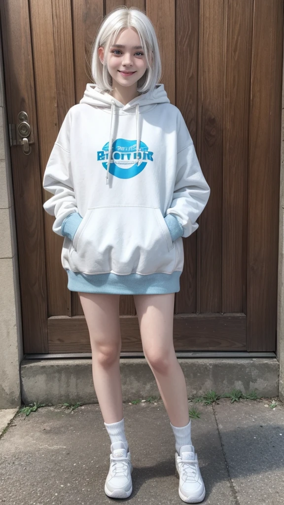 female teenager with white hair, white skin and blue eyes with brown sweatshirt smiling full body