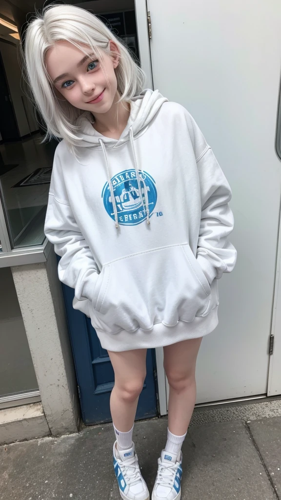 female teenager with white hair, white skin and blue eyes with brown sweatshirt smiling full body 