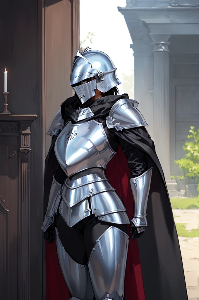 (masterpiece; best quality: 1.2), ((full armored knight woman)), ((solo)), (black eyes: 1.4), (body; toned, strong, femenine: 1.3), (beautiful and clear background: 1.2), ((depth of field)), (equipment: full plate full-black realistic armor + closed helmet with plume+ black cape: 1.3), (anime illustration: 1.2), (background composition; garden exterior + furniture: 1.1), (extremely fine and beautiful: 1.1), (shot composition; standing + centered on torso + close-up: 1.5)