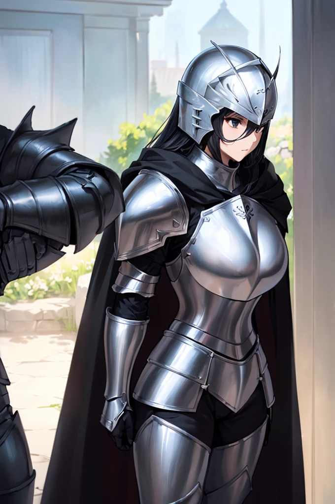 (masterpiece; best quality: 1.2), ((full armored knight woman)), ((solo)), (black eyes: 1.4), (body; toned, strong, femenine: 1.3), (beautiful and clear background: 1.2), ((depth of field)), (equipment: full plate full-black realistic armor + closed helmet with plume+ black cape: 1.3), (anime illustration: 1.2), (background composition; garden exterior + furniture: 1.1), (extremely fine and beautiful: 1.1), (shot composition; standing + centered on torso + close-up: 1.5)
