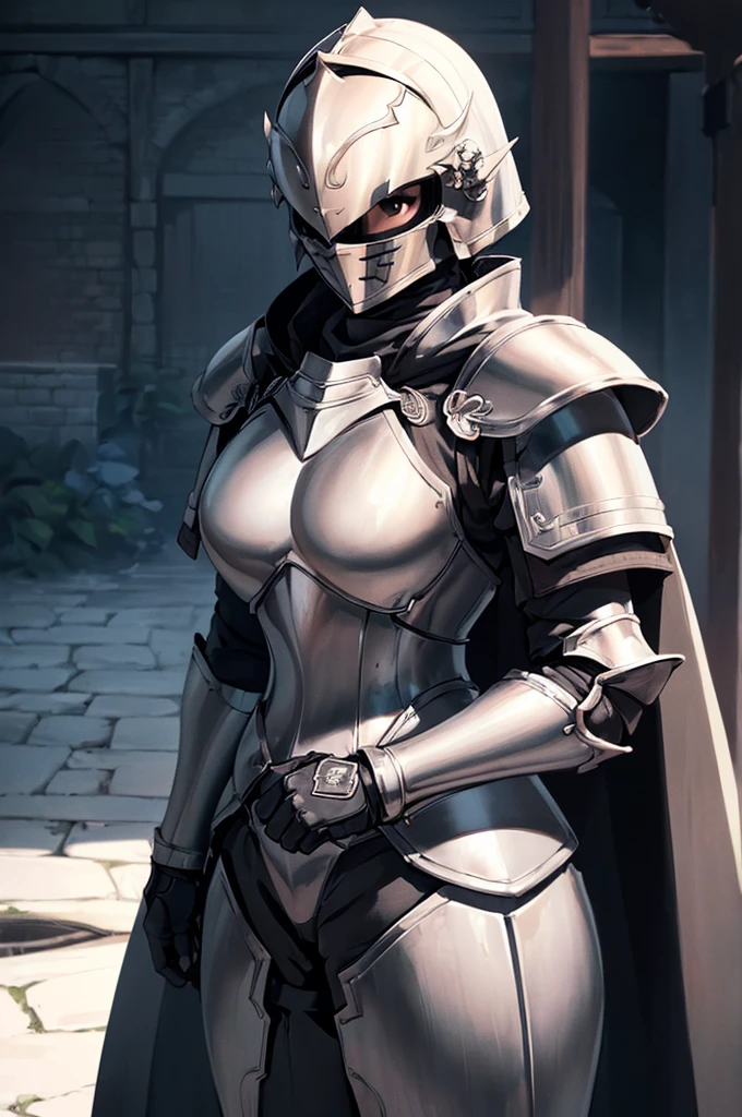 (masterpiece; best quality: 1.2), ((full armored knight woman)), ((solo)), (black eyes: 1.4), (body; toned, strong, femenine: 1.3), (beautiful and clear background: 1.2), ((depth of field)), (equipment: full plate full-black realistic armor + closed helmet with plume+ black cape: 1.3), (anime illustration: 1.2), (background composition; garden exterior + furniture: 1.1), (extremely fine and beautiful: 1.1), (shot composition; standing + centered on torso + close-up: 1.5)