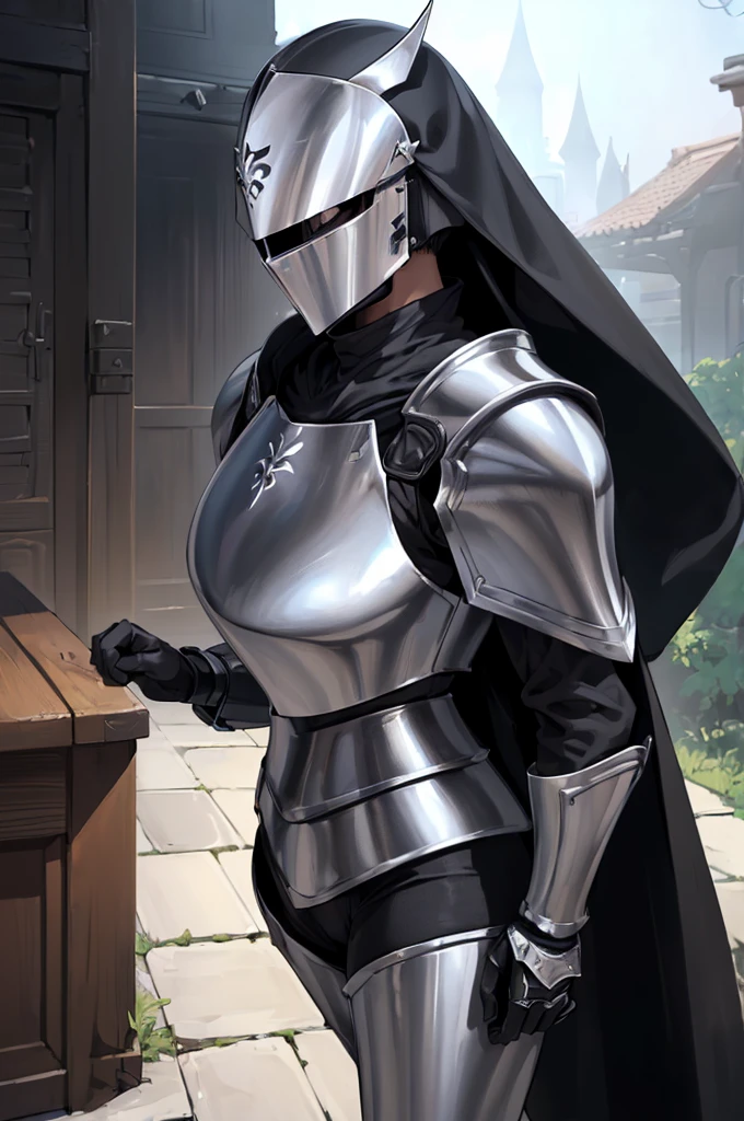 (masterpiece; best quality: 1.2), ((full armored knight woman)), ((solo)), (black eyes: 1.4), (body; toned, strong, femenine: 1.3), (beautiful and clear background: 1.2), ((depth of field)), (equipment: full plate full-black realistic armor + closed helmet with plume+ black cape: 1.3), (anime illustration: 1.2), (background composition; garden exterior + furniture: 1.1), (extremely fine and beautiful: 1.1), (shot composition; standing + centered on torso + close-up: 1.5)