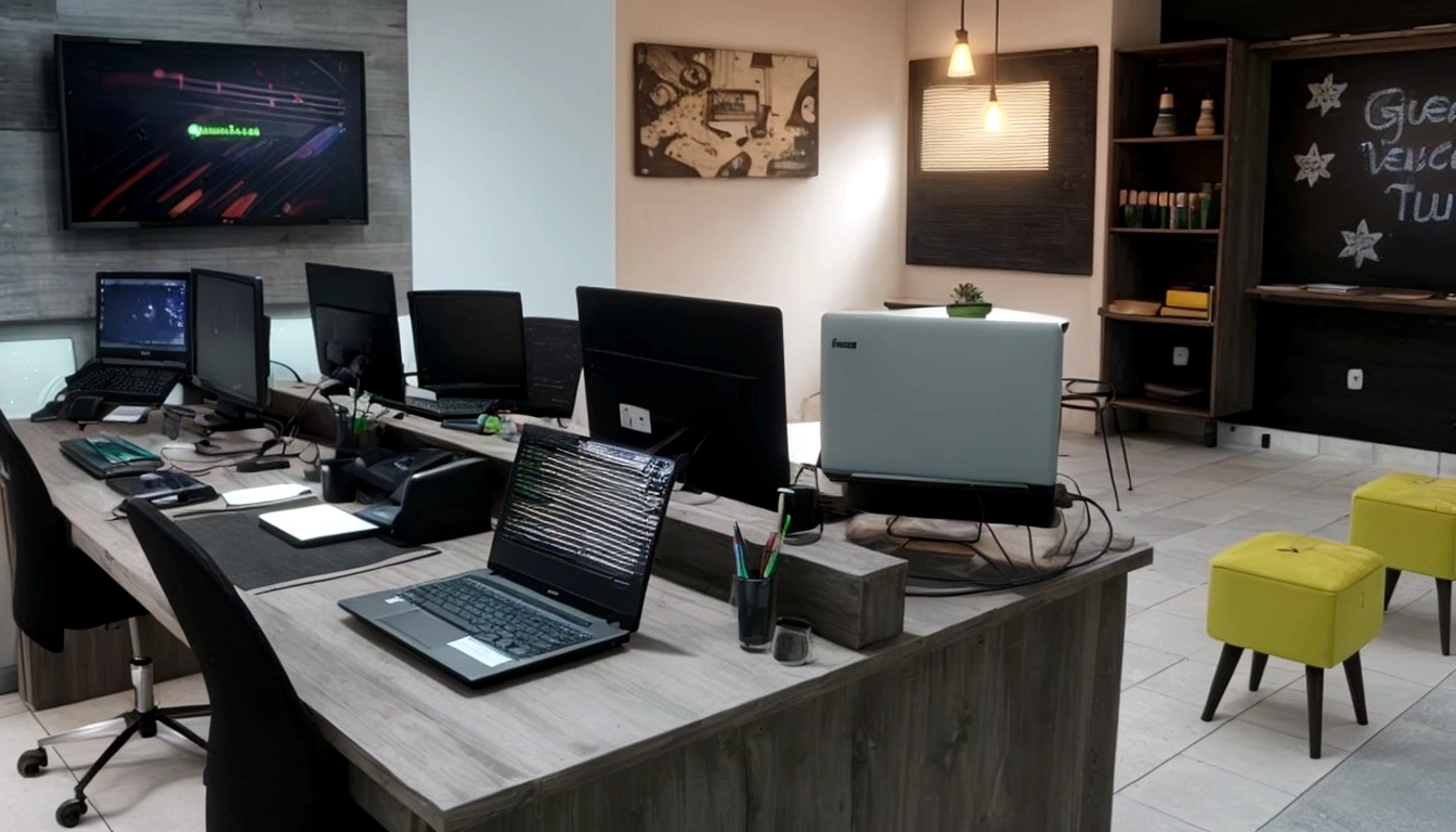 I need a scene full of laptop computers , uma agencia de marketing , with green neon light , rustic walls