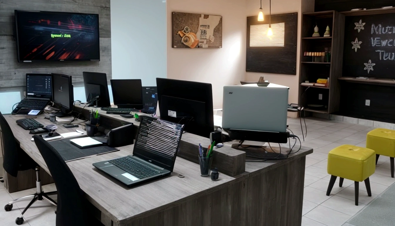 I need a scene full of laptop computers , uma agencia de marketing , with green neon light , rustic walls
