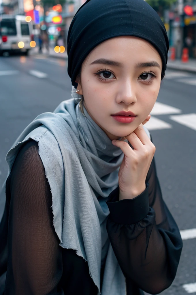 1girl, Bali street,cityscape, upper body,close-up, 8k, RAW photo, best quality, masterpiece,realistic, photo-realistic, hijab,Indonesia 