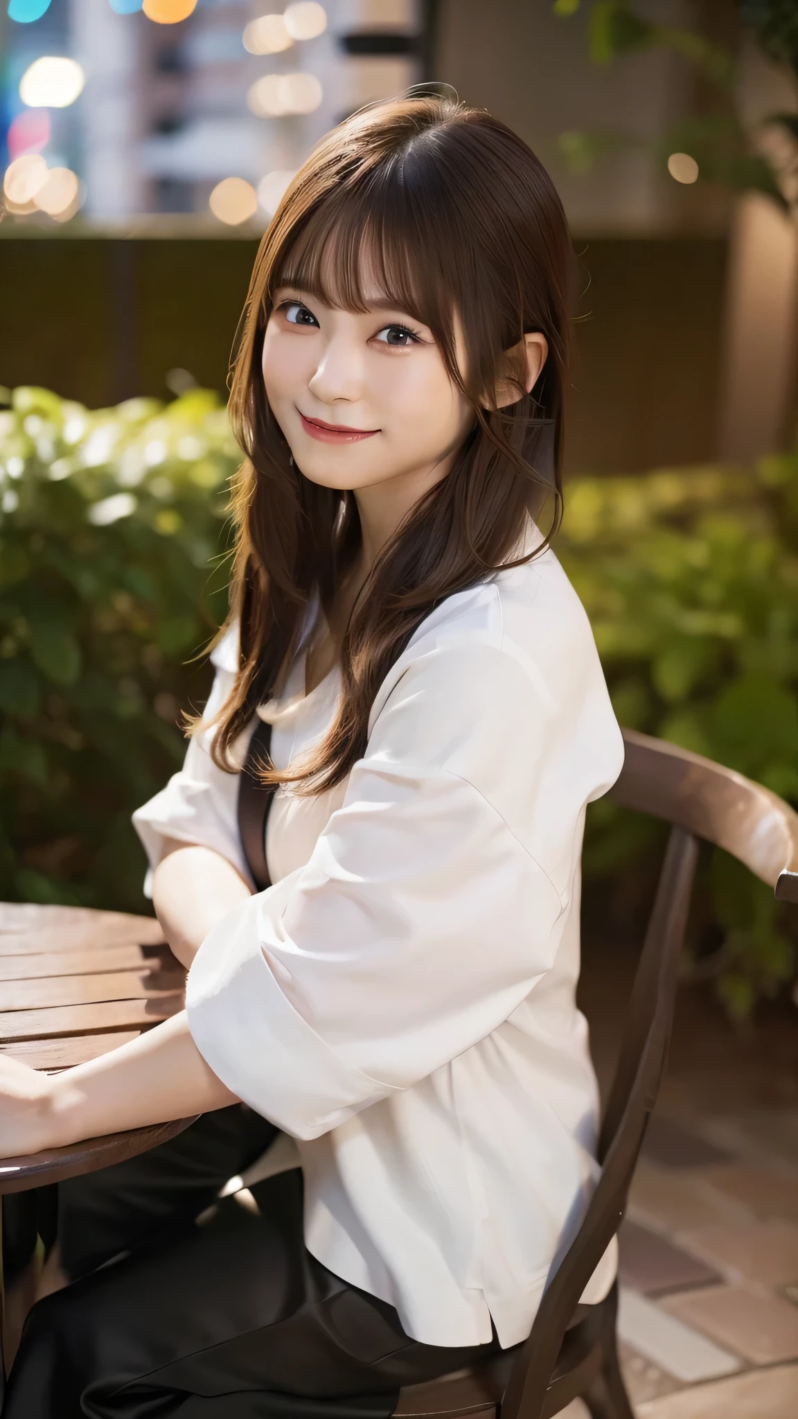 8K,Highest quality, Ultra-high resolution, (Realistic:1.4), RAW Photos, (Upper thigh:1.3, From the side:1.1), (Bokeh:1.4), (Suite Room),Waterside Cafe, 1 Japanese girl, cute, (alone:1.6), (A shy smile), (Dark brown eyes), Smooth Skin, (Brown medium hair,bangs), (Touching your hair:1.4),Nogizaka,garden,Fashionable clothes、Full Body Lesbian、:1.2:1.2