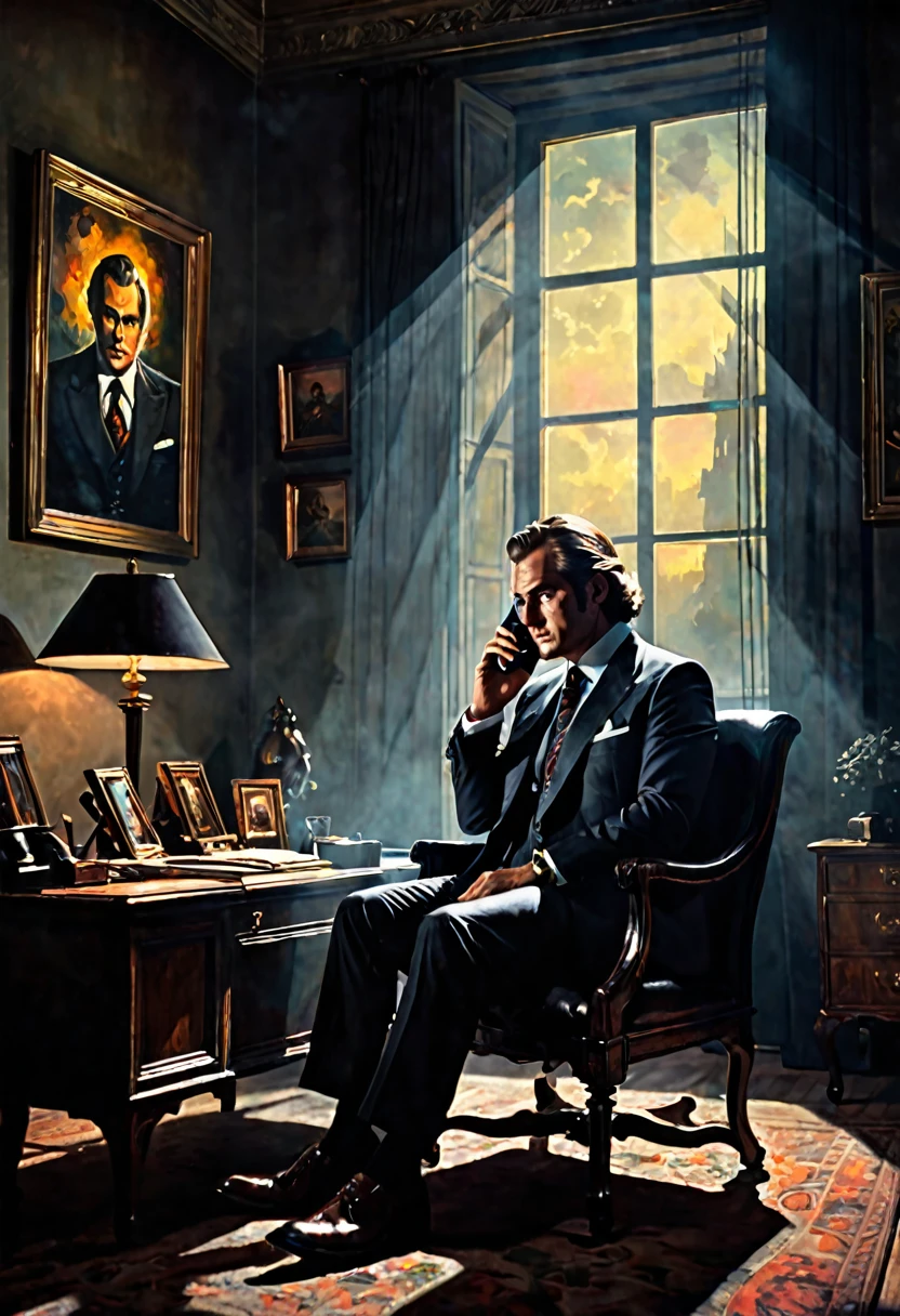 A man in a suit in his 35s, sitting in his office talking to his iphone, in the morning hours , dark fantasy style from the 70s, with intense German-style romantic painting. Shadows and spectacular lighting.