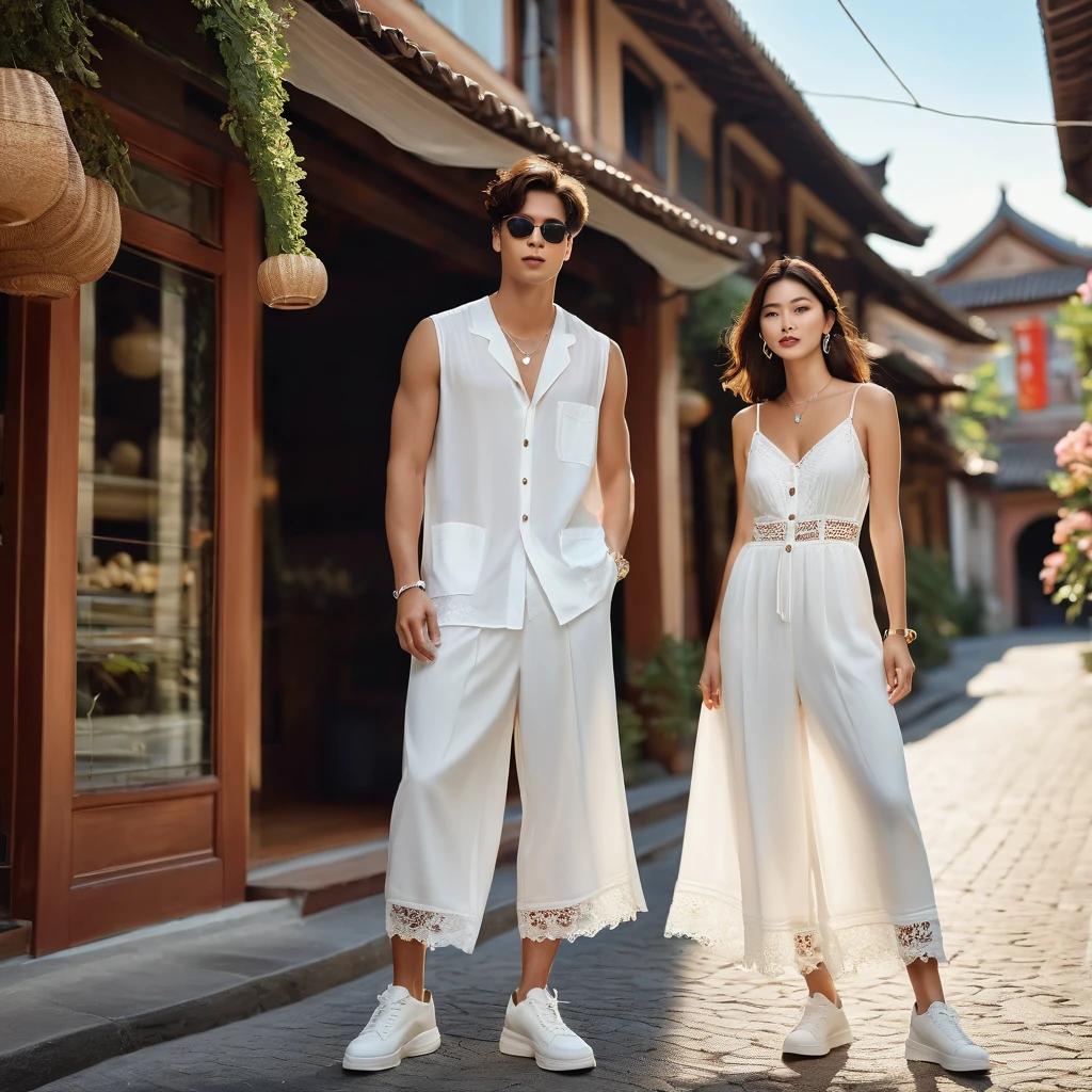 candid fashion photography of young man and woman, both aged 20 year old, ((showcase fashion look book in a White rayon outfits)), inspired by Zara's resort collection 2020 in elegant young bohemian style. The man wears an oversized short-sleeved bowling white shirt with a pocket details, paired with relaxed-fit white Sports Wide Leg Baggy short and Drawstring, He completes his look with white sneakers, sunglasses and bracelet. The woman complements him in a white Ankle-length dress in a rayon with delicate lace insets, V-shaped neckline, covered buttons down the front and an open section, (sleeveless with spaghetti shoulder straps), Gathered waist, lace hem, Her ensemble includes an accessorizes with a wide-brimmed straw hat, white sneakers and necklace. Captured in a low angle, ((full-body image)), The photograph is taken with a Canon EOS R camera using an 85mm f/1.8 lens at an f/2.2 aperture, utilizing natural light. Employing three-point lighting and incorporating 3D animation shadows enhances his features and adds depth to the composition. The careful layering and arrangement of his body parts and surrounding objects ensure a flawless composition. This masterpiece celebrates the beauty of the male form and invites viewers to immerse themselves in a world of sophistication and charm. The seductive lighting and intricate details, combined with a dramatic composition, invite viewers to revel in the essence of a fun-filled day, brimming with joy and relaxation. Attention is meticulously paid to the layers and arrangement of his body parts and surrounding objects, ensuring correct body structure and photo distance. The romantic atmosphere, paired with a lively and extremely gorgeous Chiang old town background, enhances the overall allure of this exquisite image.