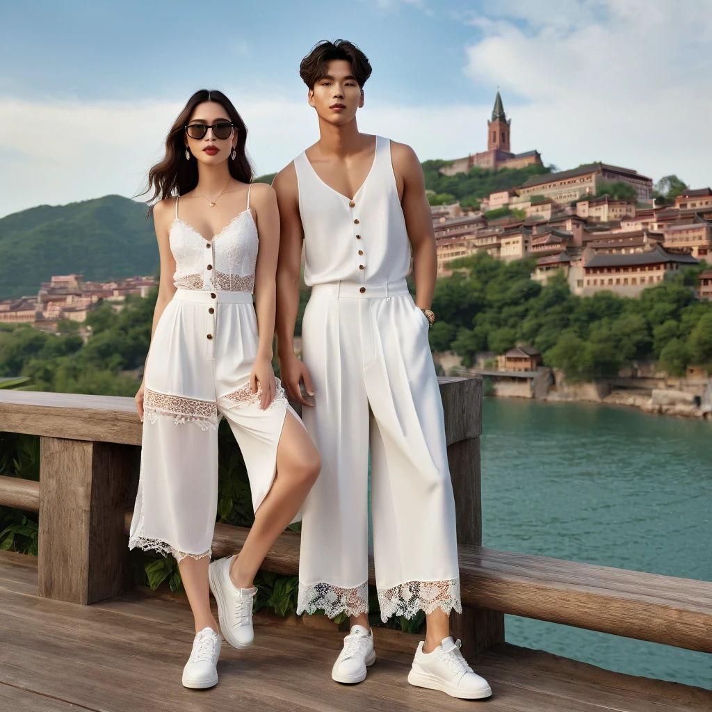 candid fashion photography of young man and woman, both aged 20 year old, ((showcase fashion look book in a White rayon outfits)), inspired by Zara's resort collection 2020 in elegant young bohemian style. The man wears an oversized short-sleeved bowling white shirt with a pocket details, paired with relaxed-fit white Sports Wide Leg Baggy short and Drawstring, He completes his look with white sneakers, sunglasses and bracelet. The woman complements him in a white Ankle-length dress in a rayon with delicate lace insets, V-shaped neckline, covered buttons down the front and an open section, (sleeveless with spaghetti shoulder straps), Gathered waist, lace hem, Her ensemble includes an accessorizes with a wide-brimmed straw hat, white sneakers and necklace. Captured in a low angle, ((full-body image)), The photograph is taken with a Canon EOS R camera using an 85mm f/1.8 lens at an f/2.2 aperture, utilizing natural light. Employing three-point lighting and incorporating 3D animation shadows enhances his features and adds depth to the composition. The careful layering and arrangement of his body parts and surrounding objects ensure a flawless composition. This masterpiece celebrates the beauty of the male form and invites viewers to immerse themselves in a world of sophistication and charm. The seductive lighting and intricate details, combined with a dramatic composition, invite viewers to revel in the essence of a fun-filled day, brimming with joy and relaxation. Attention is meticulously paid to the layers and arrangement of his body parts and surrounding objects, ensuring correct body structure and photo distance. The romantic atmosphere, paired with a lively and extremely gorgeous Chiang old town background, enhances the overall allure of this exquisite image.