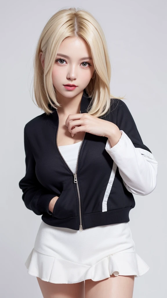 (((forehead、White Blonde Hair、Northern Europe、White people、beautiful girl、Blonde、White background、open jacket、mini skirt )))、table top, highest quality, figure, super detailed, finely, High resolution, 8k wallpaper, Perfect dynamic composition, detailed and beautiful eyes, Deco out,bionde, medium hair, big breasts, Natural color lip,white background, random cute poses,frill dress