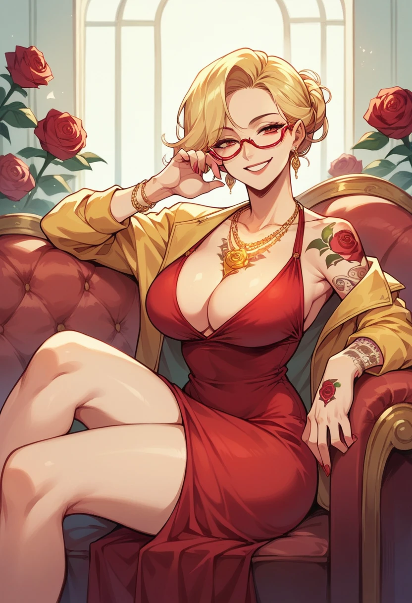 blonde hair woman, milf, red dress, several golden necklaces, golden small jacket, red glasses, sit in sofa, rose tattoo covering the entire body, thin chin, smile, roses tattoos