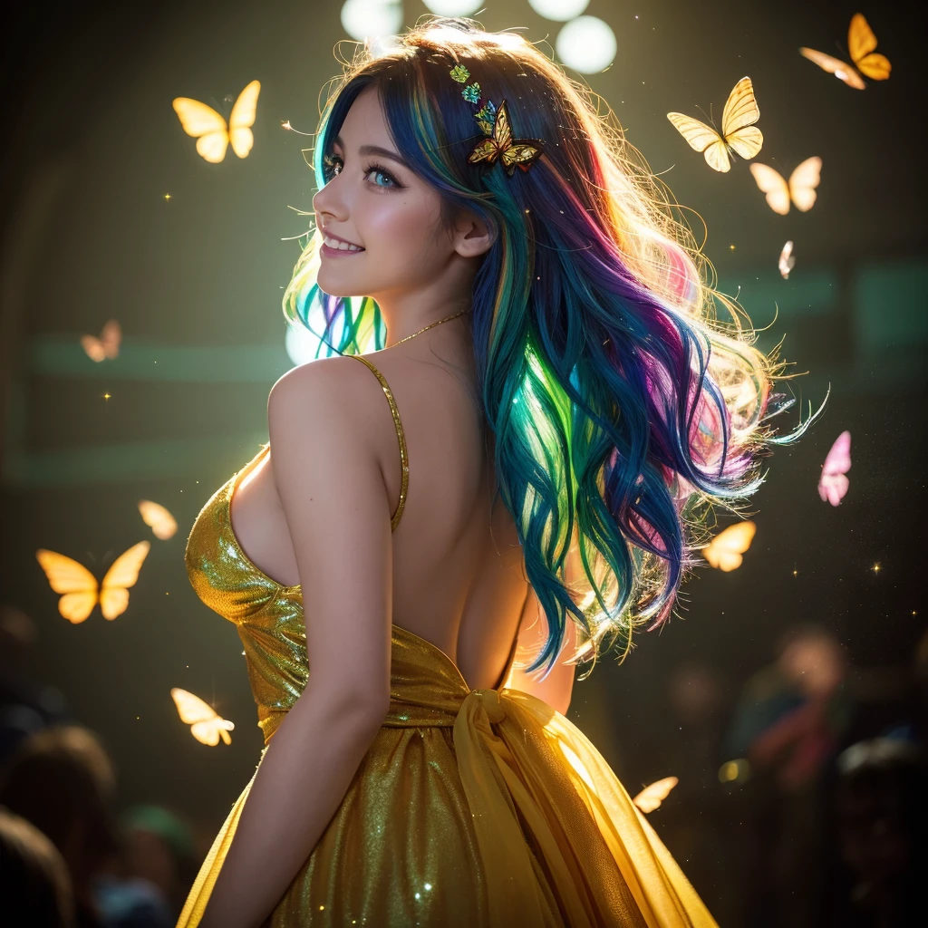 One girl, masterpiece, Very detailed, ((Cinema Lighting)), (Shine), ((Dramatic lighting)), ((Beautiful sparkle)), Exquisite detail, Lens flare, Multicolored Hair, Rainbow Hair, Long Hair, colorfulなドレス, butterflyの髪飾り, butterfly, (Particles of light), Put your arms behind your back, Large Breasts, [Curvy], Cowboy Shot, A light smile, Green Eyes, church, Stained glass, Spotlight, Dark Background, Floating Hair, Floating Hair, View your viewers,((colorful))