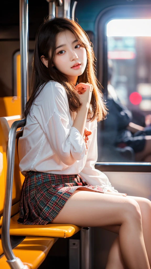 A beautiful Korean girl in a with a skirt above knee length, an extremely detailed and realistic portrait, high quality, photorealistic, 8k, vivid colors, studio lighting, warm color tones, detailed facial features, piercing eyes, perfectly sculpted lips, delicate skin, flowing hair, beautiful expression, elegant posture, , pleated skirt, waiting in bus stop, natural lighting, spotlights on face, intricate details, hyper-realistic, award-winning digital art, beautiful bright soft thighs, realistic skin, realistic face, Realistic beauty