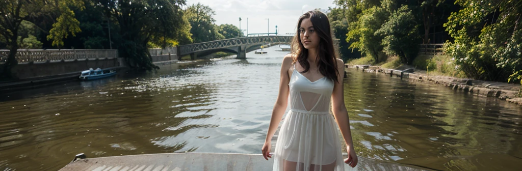  masterpiece, best quality, 1girl, solo, delicate face, white-skinned female, see-through silhouette, white dress, full body,outdoor,,on bridge,over a river,floating_hair