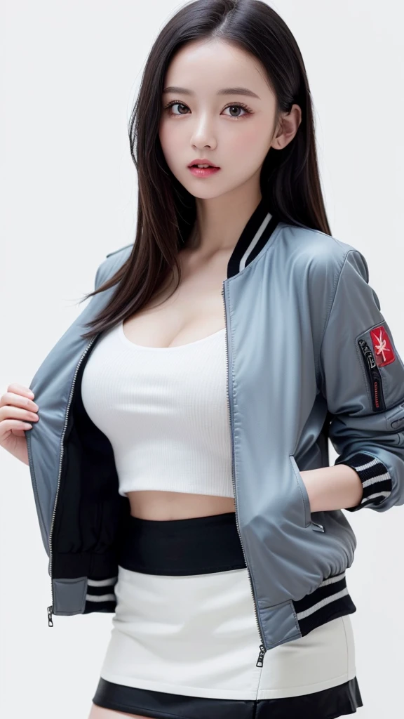 (((forehead、Northern Europe、White people、beautiful girl、Black Hair、White background、open jacket、mini skirt)))、table top, highest quality, figure, super detailed, finely, High resolution, 8k wallpaper, Perfect dynamic composition, detailed and beautiful eyes, Deco out,bionde, breasts, Natural color lip,white background, random cute poses,