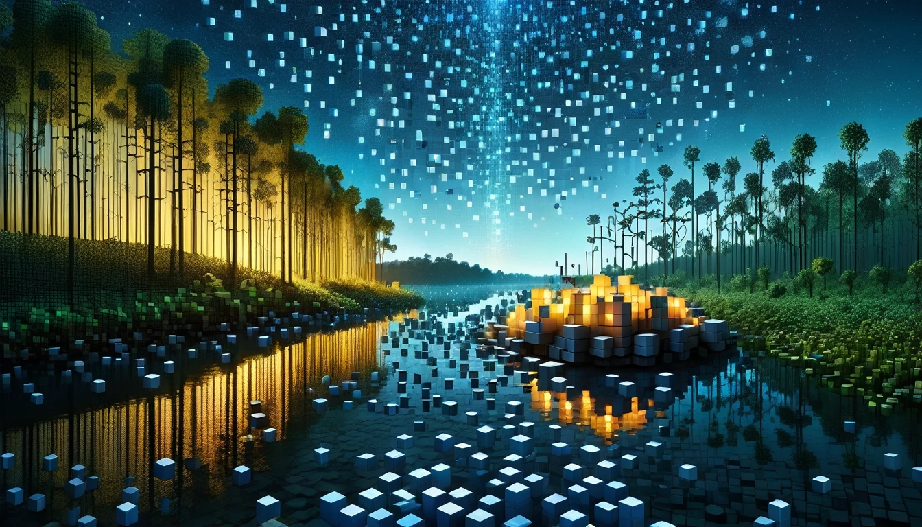 RAL-A fascinating river made up of 3D cubes, There are lots of small fish,Surrounded by the fantastic light of fireflies,There are lots of small fish,Very beautiful secret forest,A lot of birds fly