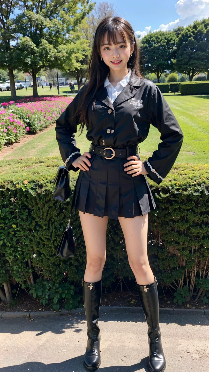 (8K、RAW Photos、Highest quality、masterpiece:1.2)、(Realistic、Realistic)、1 Girl、((mini skirt、black、Thin legs、whole body、boots、blackいコート、one piece、garden、smile、View from the front、Looking into the camera、belt、Stand with hands on hips))、