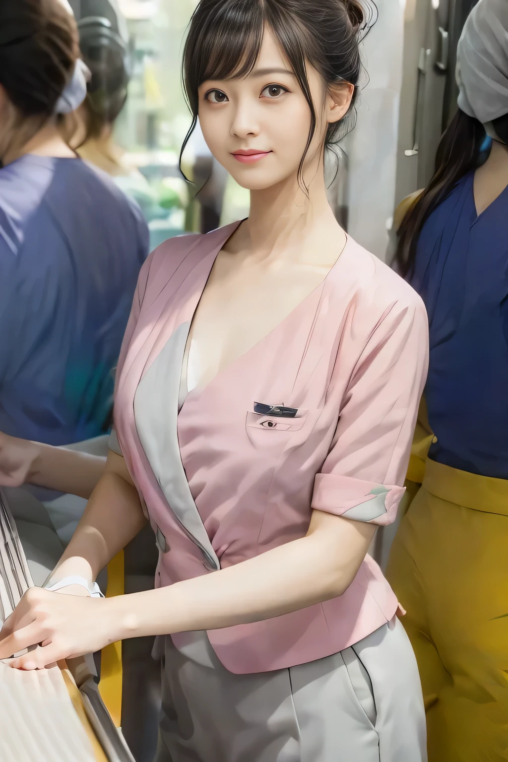 (masterpiece:1.2, Highest quality:1.2), 32k HDR, High resolution, (alone、1 girl)、 (Height: 160cm)、（On the rooftop of a building in the daytime、Professional Lighting）、Building rooftop background、（Nankai train crew uniform pinkを着たリアルスタイル）、（Nankai train crew uniform pink short sleeve collarless pink jacket、Nankai Train Crew Uniform Pink Collarless Short Sleeve Blouse、Nankai Train Crew Uniform Pink Grey Knee-length Culottes）、（The pink jacket is showing from the culottes.）、Dark brown hair、（Hair tied up、Hair tied up、Evening curly hairstyle）、Dark brown hair、Long Shot、Big Breasts、Thin legs、（（Great hands：2.0）），（（Harmonious body proportions：1.5）），（（Normal limbs：2.0）），（（Normal finger：2.0）），（（Delicate eyes：2.0）），（（Normal eyes：2.0））)、smile、（Nankai Train Crew Uniform Pink Grey Knee-length Culottesを見せた美しい歩く姿）、Big Breastsを見せる、Showing her breasts through her jacket、Place your hands around your stomach