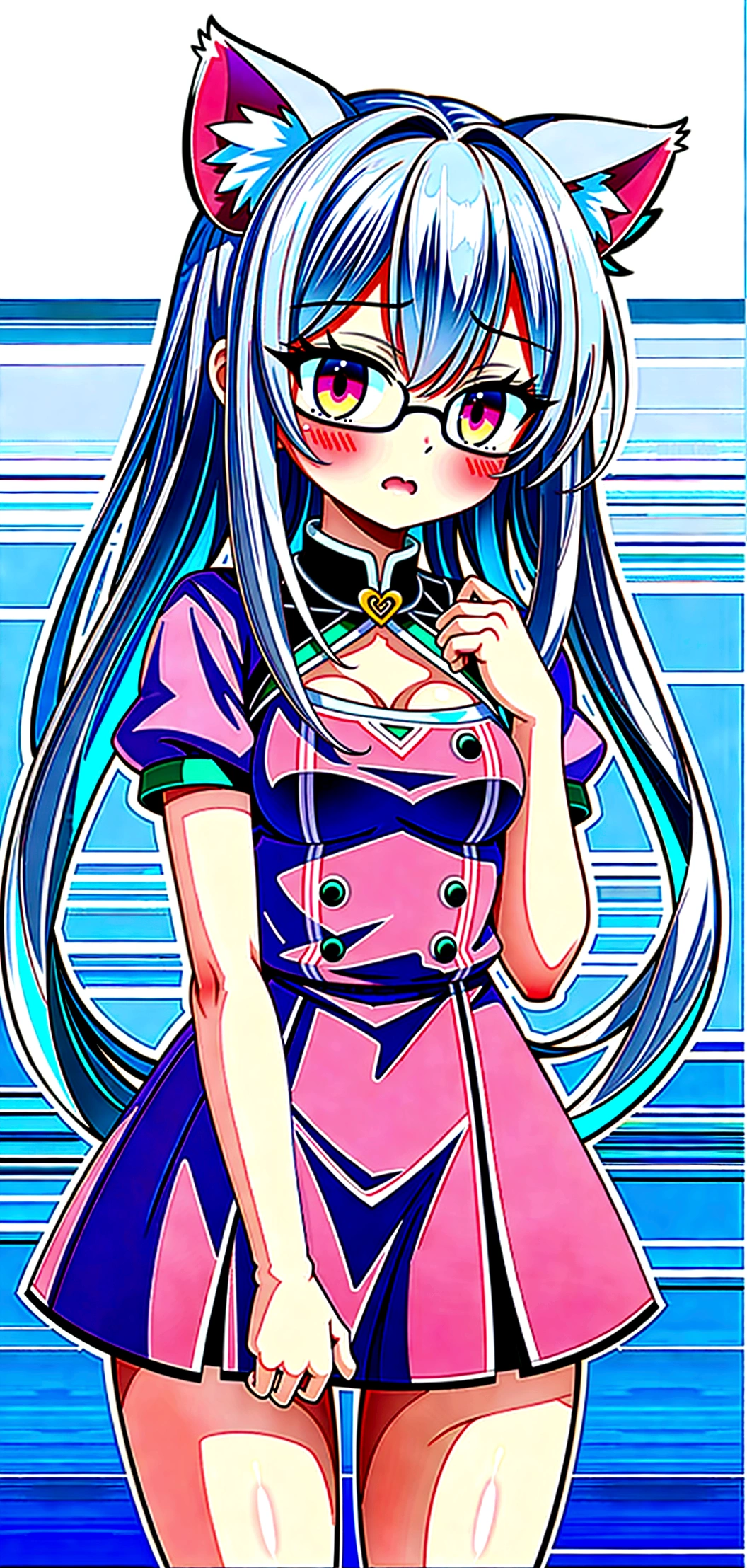 that has a fearful face, white hair, cat ears, yellow glasses and transparent super blushing pink eyes that has a towel around it and is in spaghetti and has a cat tail that is a super fearful girl