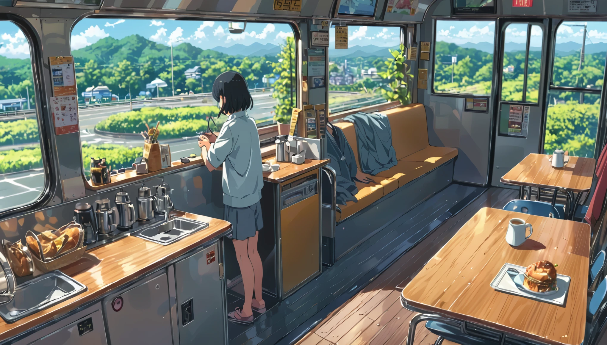 ((anime:1.4,illustration)),(masterpiece, top quality, best quality),(ultra-detailed, absolutely resolution),((16k, high res)), (((cafe in side of bus))), ((anime:1.4,illustration)),(masterpiece, top quality, best quality),(ultra-detailed, absolutely resolution),((16k, high res)). BREAK {lofi art, style of Laurie Greasley, style of Makoto Shinkai, anime aesthetic}, BREAK { (produces images with information than 40 million pixels with cinematic-like detailed textures shot on a Sony SLR).}