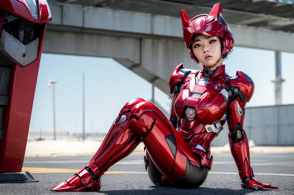 Female Iron Man(Red and Black)、shine、Shortcuts、Textured skin, Super detailed, Attention to detail, high quality, 最high quality, High resolution, 1080P, hard disk, beautiful,(Gundam),beautifulサイボーグ女性,Mecha Cyborg Girl,Battle Mode,Woman with a mechanical body,Full Body Shot、Visor of close-fitting headgear opens、I can see your true face　Expression of bitterness、Sweaty face、、Squint your eyes、、humid、Soaking wet、、Steam coming out of the head、Spread your legs、Embarrassed face、Open your mouth、Hold your face　Boyish black hair　Short-haired　Soaking wet　(Lie on your back with your limbs spread) (emergency)