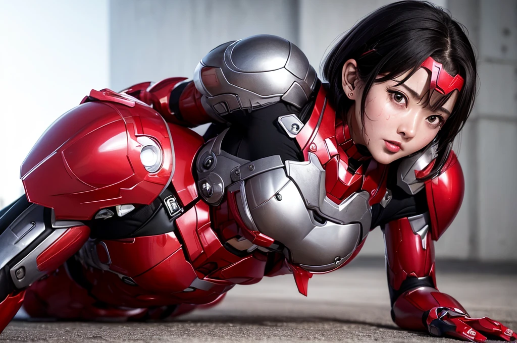 Female Iron Man(Red and Black)、shine、Shortcuts、Textured skin, Super detailed, Attention to detail, high quality, 最high quality, High resolution, 1080P, hard disk, beautiful,(Gundam),beautifulサイボーグ女性,Mecha Cyborg Girl,Battle Mode,Woman with a mechanical body,Full Body Shot、Visor of close-fitting headgear opens、I can see your true face　Expression of bitterness、Sweaty face、、Squint your eyes、、humid、Soaking wet、、Steam coming out of the head、Spread your legs、Embarrassed face、Open your mouth、Hold your face　Boyish black hair　Short-haired　Soaking wet　(Lie on your back with your limbs spread) (emergency)