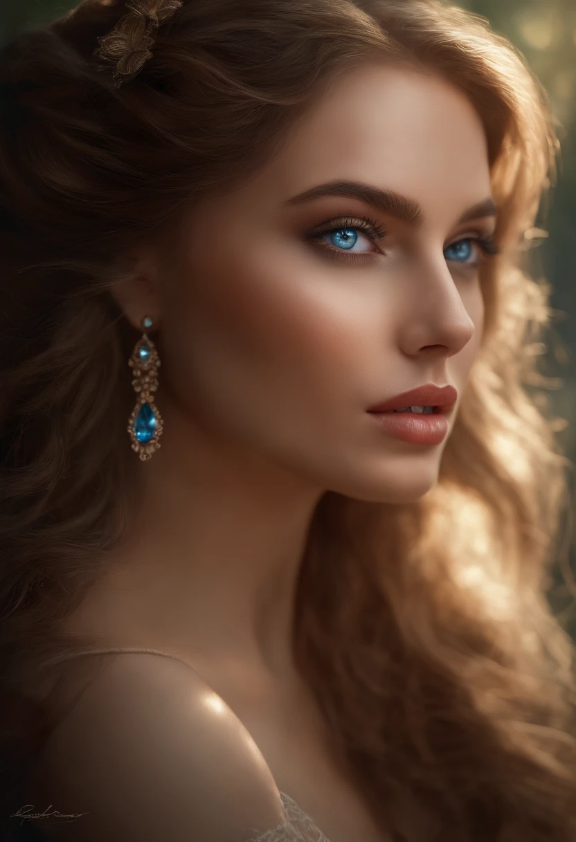 a beautiful woman with blue eyes, long flowing hair, enchanting, sexy, 1 girl, detailed face, beautiful detailed eyes, beautiful detailed lips, extremely detailed eyes and face, long eyelashes, elegant dress, sensual pose, cinematic lighting, soft color palette, delicate facial features, ethereal atmosphere, surreal dreamscape, fantasy art, vibrant colors, dramatic lighting, photorealistic, 8k, detailed painting, digital art, masterpiece