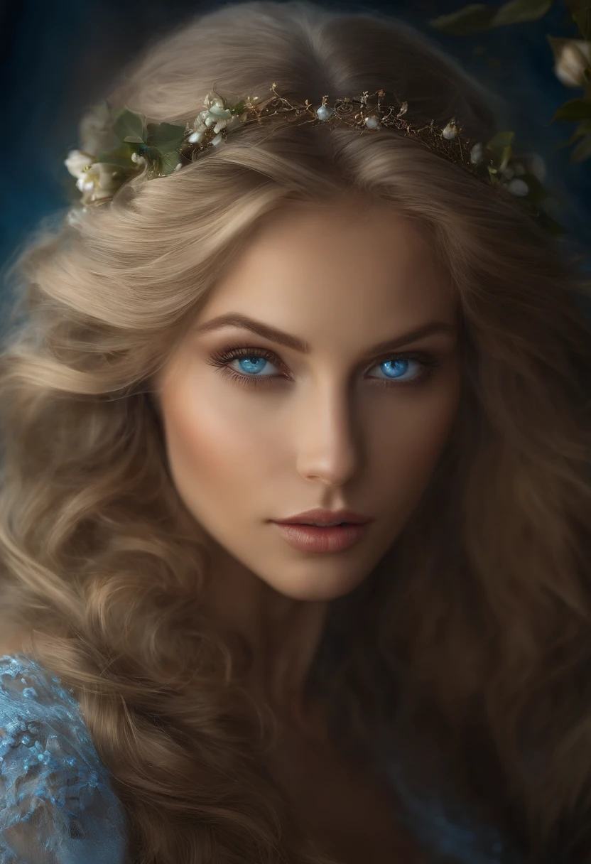 a beautiful woman with blue eyes, long flowing hair, enchanting, sexy, 1 girl, detailed face, beautiful detailed eyes, beautiful detailed lips, extremely detailed eyes and face, long eyelashes, elegant dress, sensual pose, cinematic lighting, soft color palette, delicate facial features, ethereal atmosphere, surreal dreamscape, fantasy art, vibrant colors, dramatic lighting, photorealistic, 8k, detailed painting, digital art, masterpiece