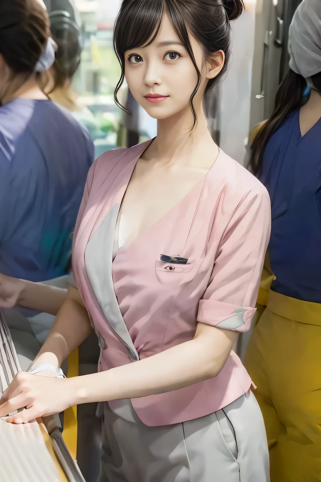 (masterpiece:1.2, Highest quality:1.2), 32k HDR, High resolution, (alone、1 girl)、 (Height: 160cm)、(On the rooftop of a building in the daytime、Professional Lighting)、Building rooftop background、(Nankai train crew uniform pinkを着たリアルスタイル)、(Nankai train crew uniform pink short sleeve collarless pink jacket、Nankai Train Crew Uniform Pink Collarless Short Sleeve Blouse、Nankai Train Crew Uniform Pink Grey Knee-length Culottes)、(The pink jacket is showing from the culottes.)、Dark brown hair、(Hair tied up、Hair tied up、Evening curly hairstyle)、Dark brown hair、Long Shot、Big Breasts、Thin legs、((Great hands:2.0)),((Harmonious body proportions:1.5)),((Normal limbs:2.0)),((Normal finger:2.0)),((Delicate eyes:2.0)),((Normal eyes:2.0)))、smile、(Nankai Train Crew Uniform Pink Grey Knee-length Culottesを見せた美しい歩く姿)、Big Breastsを見せる、Showing her breasts through her jacket、Place your hands around your stomach