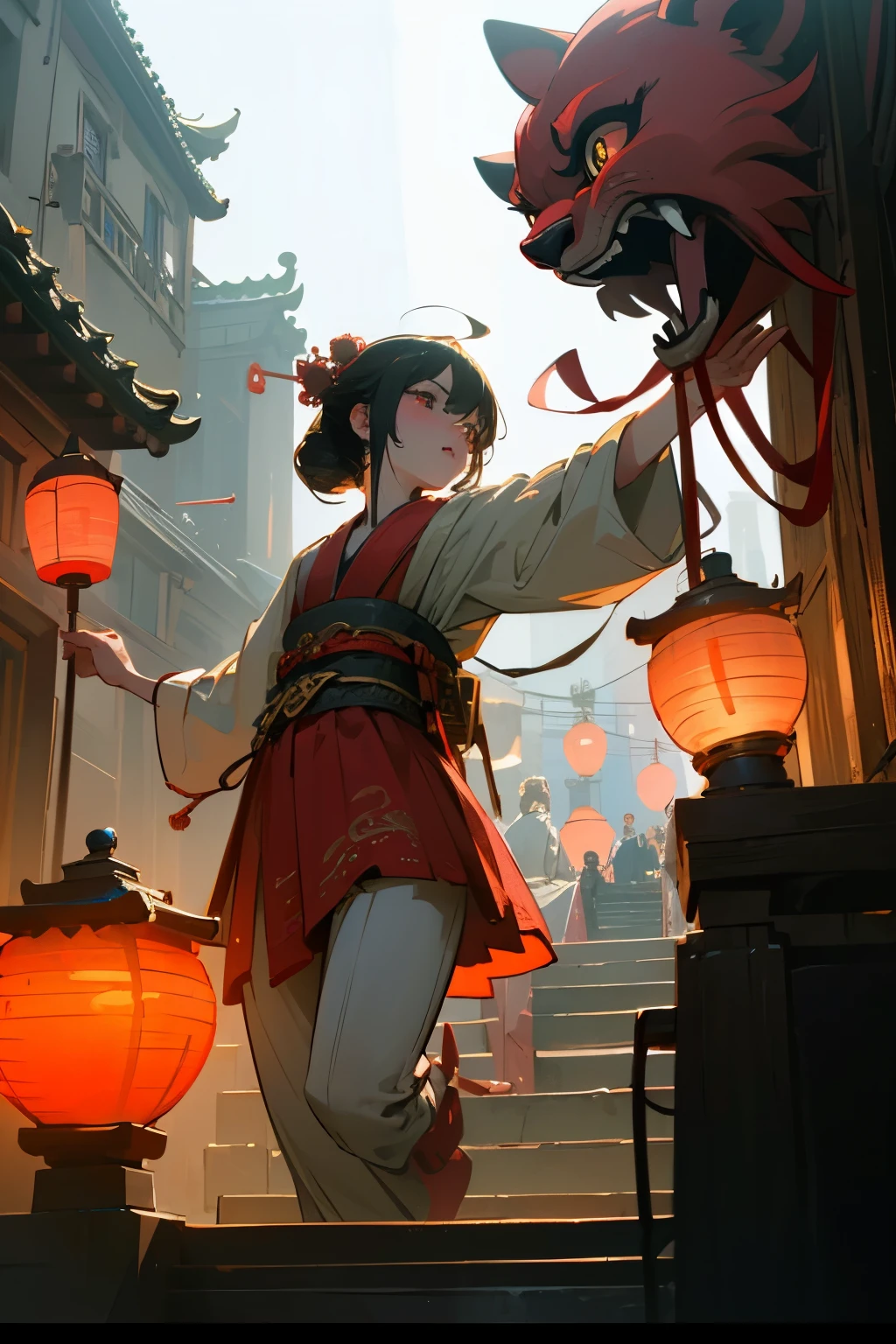 Ancient buildings and bustling crowds,lights,night,Small bridge,night market,bustling,Beautiful scenery,The streets are lined with red lanterns,Ancient buildings and bustling crowds,You can see performances by skilled artists everywhere,There are lion dances、acrobatics、drama,Occasionally a small boat passes by,The people on the boat lit lanterns,masterpiece,Crazy details,Very detailed,Realistic details,Light particle effects,Outstanding Work,Extremely detailed picture description,8k wallpaper,Obvious light and shadow effects,Ray Tracing,Obvious layers,Depth of Field,best quality,